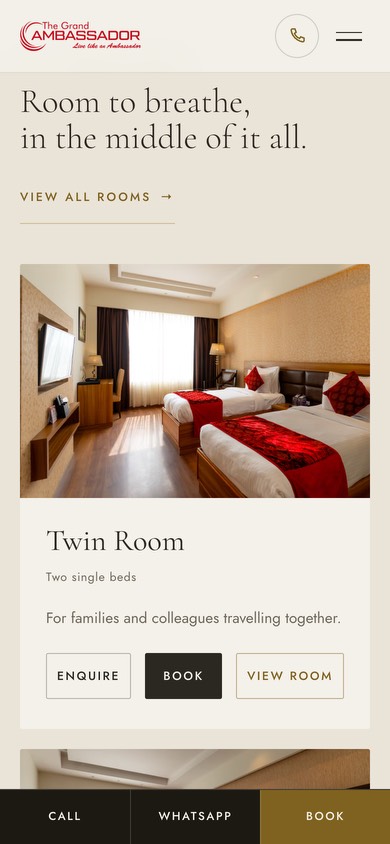 Further down the same page on a phone: the Twin Room, with the same Call, WhatsApp and Book bar along the bottom