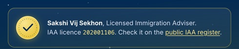 The licence line in the first screen: Sakshi Vij Sekhon, Licensed Immigration Adviser. IAA licence 202001106. Check it on the public IAA register.