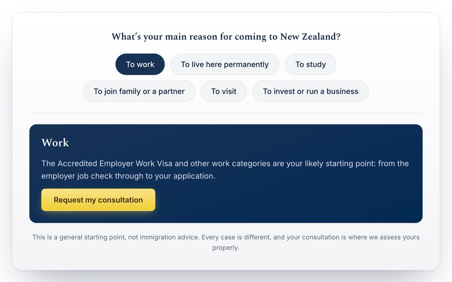 The path finder after choosing To work: it suggests the Accredited Employer Work Visa as the likely starting point, and underneath says This is a general starting point, not immigration advice.