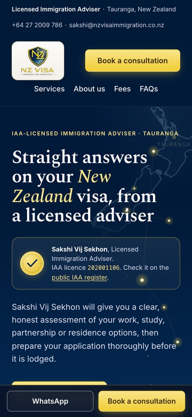 NZ Visa Immigration Services’ website on a phone: “Straight answers on your New Zealand visa, from a licensed adviser”, with the adviser’s licence number