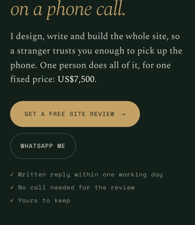 The buttons and promises on the first screen of the old design, set in small spaced capitals.