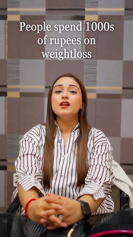 Reel: Dr Bedi against a checked backdrop, the line “People spend 1000s of rupees on weightloss” captioned on screen
